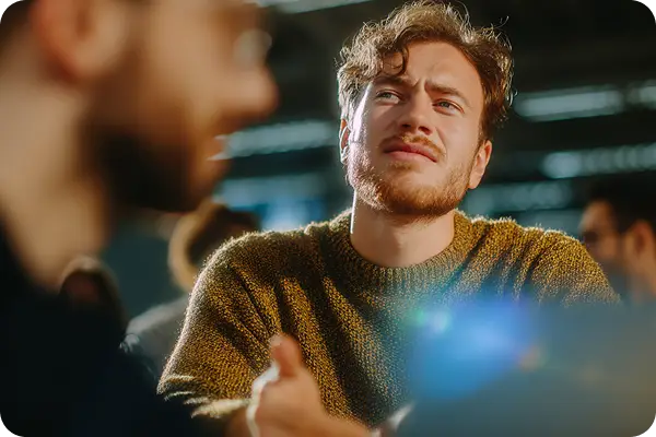 Confused man listening during a conversation